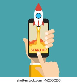 Hand holding smartphone with launch rocket on the screen. Successful startup business concept. Flat vector illustration.