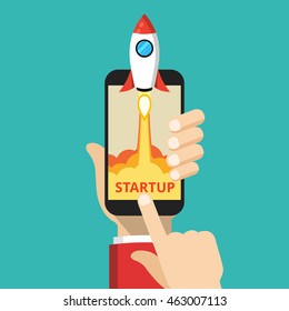 Hand holding smartphone with launch rocket on the screen. Successful startup business concept. Flat vector illustration.
