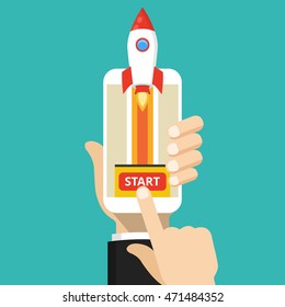 Hand holding smartphone with launch rocket on the screen. Successful startup business concept. Flat vector illustration.