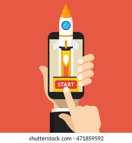 Hand holding smartphone with launch rocket on the screen. Successful startup business concept. Flat vector illustration.
