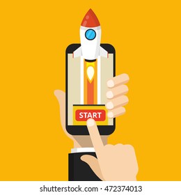 Hand holding smartphone with launch rocket on the screen. Successful startup business concept. Flat vector illustration.