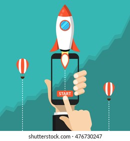 Hand holding smartphone with launch rocket on the screen. Successful startup business concept. Chart on the background. Flat vector illustration.