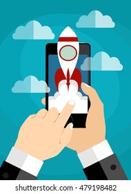 Hand holding smartphone with launch rocket on the screen. Successful startup business concept. Flat vector illustration.