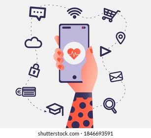 Hand holding smartphone with lifestyle apps icons floating around. Collection of vector icons and illustration for business. Technology at our service for different utilities. Connect with our phones.