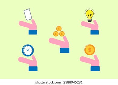 Hand holding smartphone, light bulb, gold coin, clock, flat vector.