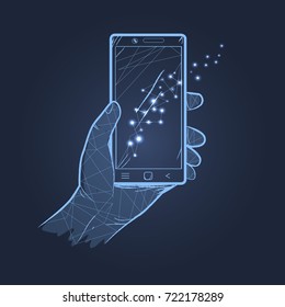 Hand holding smartphone with lights reflecting on screen. Vector illustration of icon with devise isolated on dark blue background