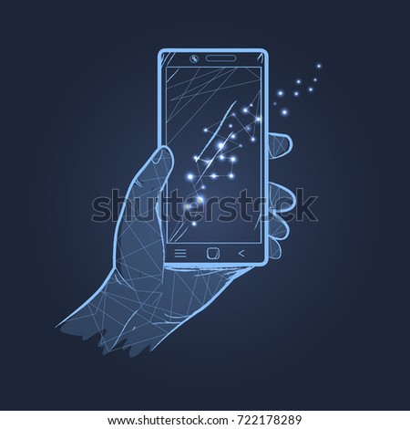 Hand holding smartphone with lights reflecting on screen. Vector illustration of icon with devise isolated on dark blue background