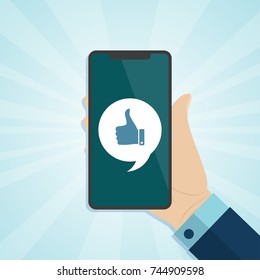 Hand holding smartphone with like icon on a screen. Vector illustration.