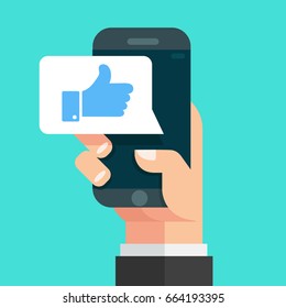 Hand holding smartphone with like message on screen,  Concept for websites, web banner. Flat design vector illustration