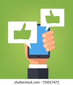 Hand holding smartphone with like message. Public opinion concept. Vector flat cartoon illustration