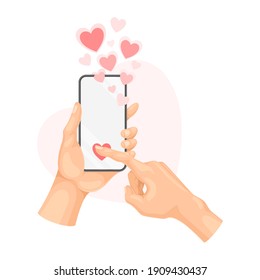 Hand Holding Smartphone Liking Post or Photo in Social Media Vector Illustration