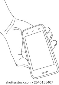 Hand holding smartphone, line art vector illustration