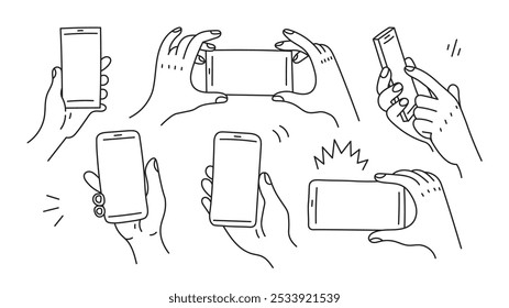 Conjunto De Linhas De Smartphone De Mão Segurando. Descreva o gesto do dedo com a coleção de celular. Desenhar posições usando o telefone celular. Ilustração vetorial