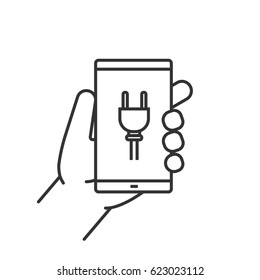 Hand holding smartphone linear icon. Thin line illustration. Smart phone charging contour symbol. Vector isolated outline drawing