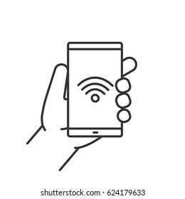 Hand holding smartphone linear icon. Thin line illustration. Smart phone wifi connection contour symbol. Vector isolated outline drawing