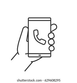 Hand holding smartphone linear icon. Thin line illustration. Smart phone incoming call contour symbol. Vector isolated outline drawing