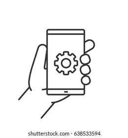 Hand holding smartphone linear icon. Thin line illustration. Smart phone settings contour symbol. Vector isolated outline drawing