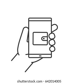 Hand holding smartphone linear icon. Thin line illustration. Smart phone banking app contour symbol. Vector isolated outline drawing