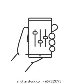 Hand holding smartphone linear icon. Thin line illustration. Smart phone music equalizer contour symbol. Vector isolated outline drawing