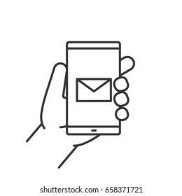 Hand holding smartphone linear icon. Thin line illustration. Smart phone sms message contour symbol. Vector isolated outline drawing