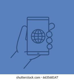 Hand holding smartphone linear icon. Smart phone network connection. Thin line outline symbols on color background. Vector illustration