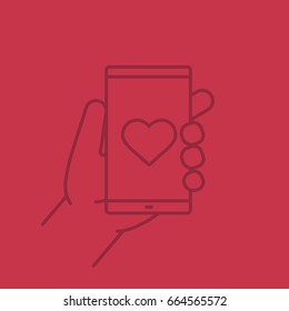 Hand holding smartphone linear icon. Smart phone dating app. Thin line outline symbols on color background. Vector illustration