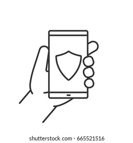 Hand holding smartphone linear icon. Thin line illustration. Smart phone antivirus app contour symbol. Vector isolated outline drawing