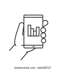 Hand holding smartphone linear icon. Thin line illustration. Smart phone statistics chart contour symbol. Vector isolated outline drawing