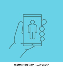 Hand holding smartphone linear icon. Smart phone with man. Thin line outline symbols on color background. Vector illustration