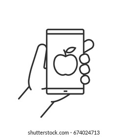 Hand holding smartphone linear icon. Thin line illustration. Smart phone dieting app. Contour symbol. Vector isolated outline drawing