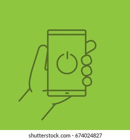 Hand holding smartphone linear icon. Turn off smart phone. Thin line outline symbols on color background. Vector illustration