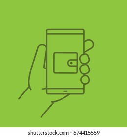 Hand holding smartphone linear icon. Smart phone banking app. Thin line outline symbols on color background. Vector illustration