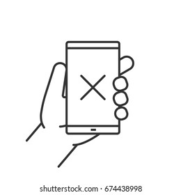 Hand holding smartphone linear icon. Thin line illustration. Smart phone with cross. Contour symbol. Vector isolated outline drawing