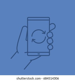 Hand holding smartphone linear icon. Smart phone restart. Thin line outline symbols on color background. Vector illustration