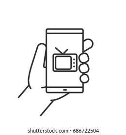 Hand holding smartphone linear icon. Thin line illustration. Smart phone television app. Contour symbol. Vector isolated outline drawing