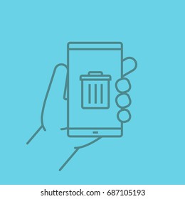 Hand holding smartphone linear icon. Smart phone data delete app. Thin line outline symbols on color background. Vector illustration
