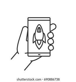Hand holding smartphone linear icon. Thin line illustration. Smart phone boost app. Contour symbol. Vector isolated outline drawing