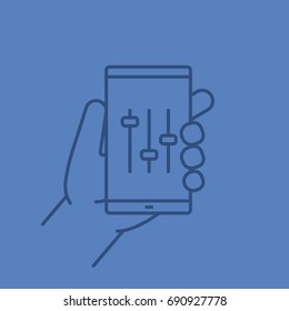 Hand holding smartphone linear icon. Smart phone music equalizer. Thin line outline symbols on color background. Vector illustration