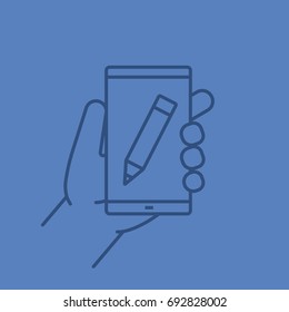 Hand holding smartphone linear icon. Smart phone note taking app. Thin line outline symbols on color background. Vector illustration
