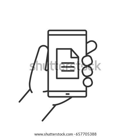 Hand holding smartphone linear icon. Thin line illustration. Smart phone document contour symbol. Vector isolated outline drawing