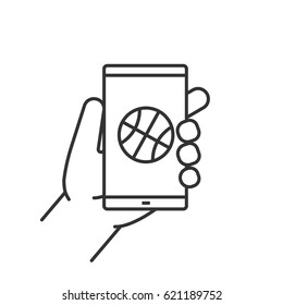Hand holding smartphone linear icon.Thin line illustration. Smart phone basketball app contour symbol. Vector isolated outline drawing