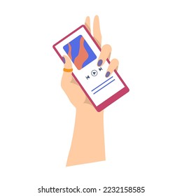 Hand holding smartphone and listen ing to music. Cartoon vector illustration. People using online app. Mobile, Internet, technology concept