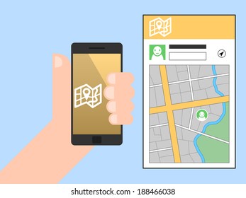 A hand holding smartphone with location map on screen. Vector illustration.