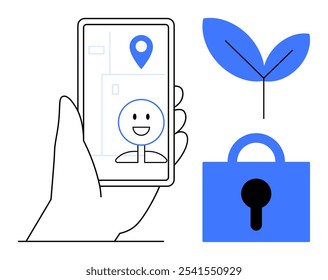 Mano que sostiene un teléfono inteligente con el perno de la ubicación. También muestra una cara feliz en la pantalla del teléfono, un símbolo de hoja y un candado. Ideal para tecnología, navegación, seguridad, entorno, experiencia del usuario