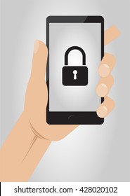 Hand holding smartphone with lock icon on display. Mobile Security concept, vector illustration