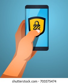 Hand holding smartphone with lock icon. Vector flat illustration.