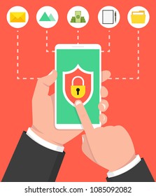 Hand holding smartphone with lock on the screen. Mobile security concept. Icons set. Vector illustration.