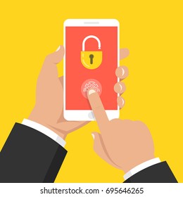 Hand holding smartphone with lock on the screen. Mobile security concept. Flat cartoon style. Vector illustration.
