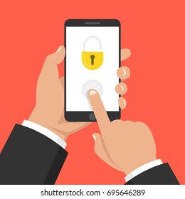 Hand holding smartphone with lock on the screen. Mobile security concept. Flat cartoon style. Vector illustration.