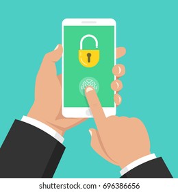 Hand holding smartphone with lock on the screen. Mobile security concept. Flat cartoon style. Vector illustration.